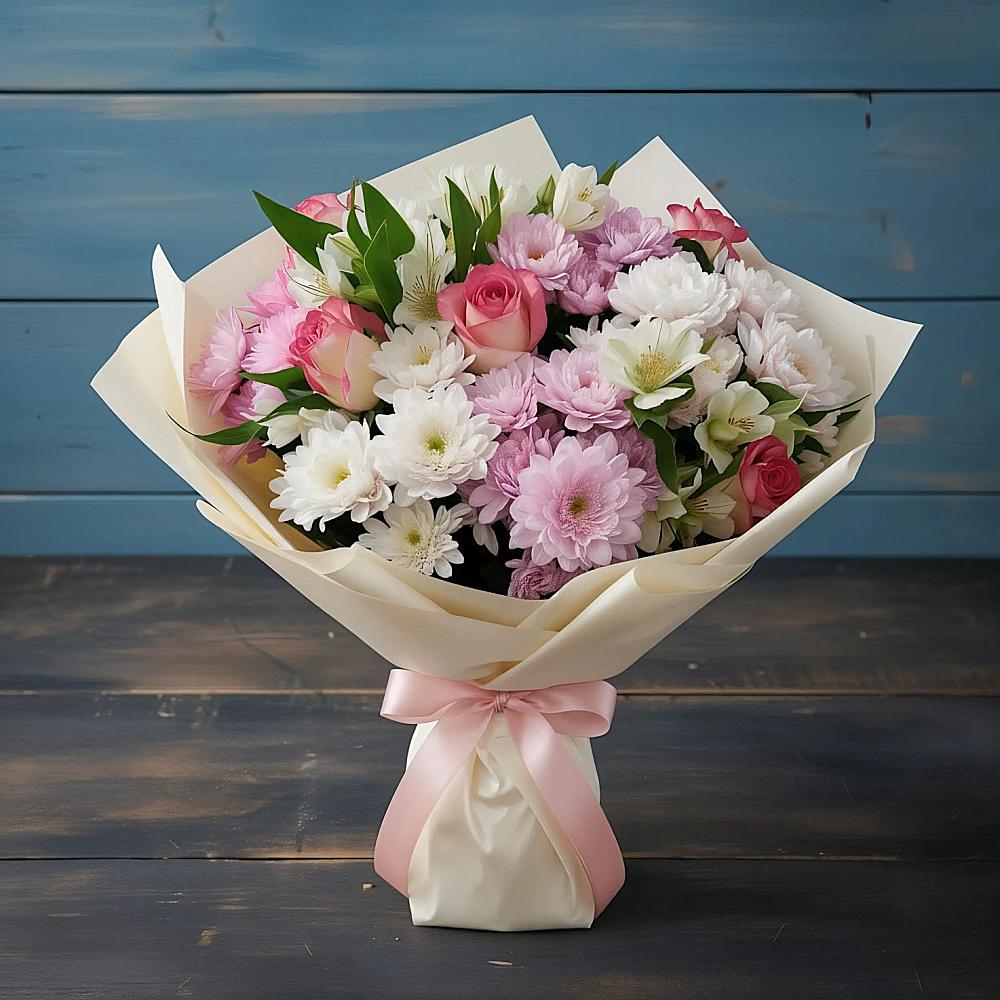 Букет цветов из: Хризантемы, Альстромерии и Розы в Нововоронино